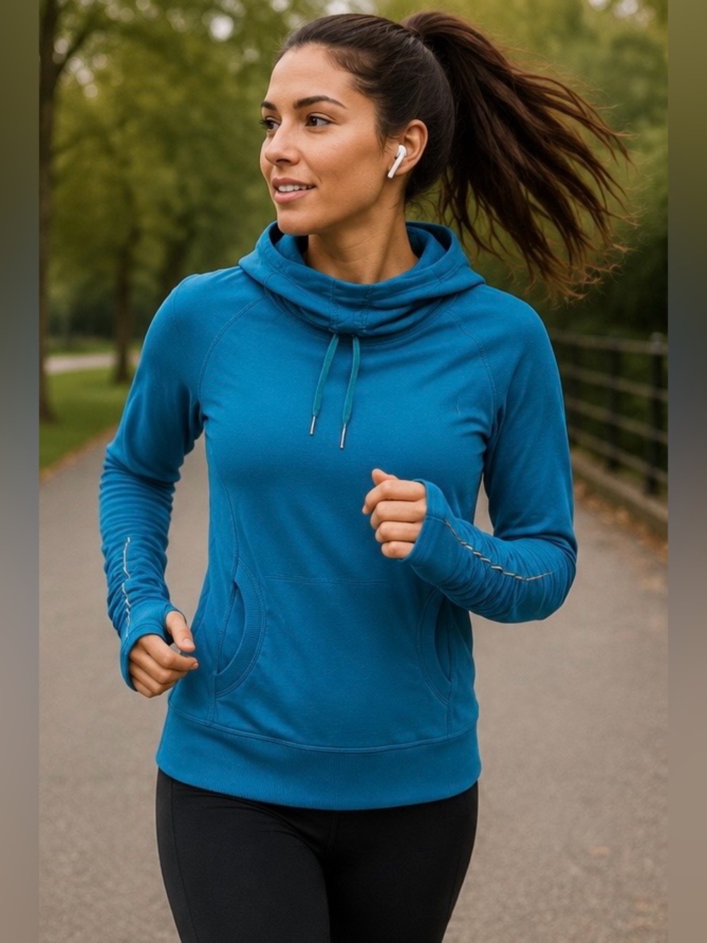 Lululemon Teal Blue Hooded Pullover‎ Sweatshirt Size 6 Ruched Sleeves Reflective